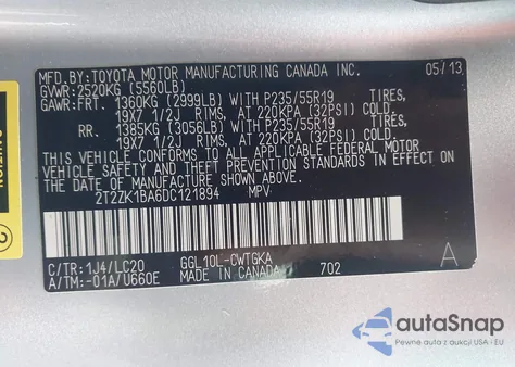 2013 Lexus Rx 350 z USA, uszkodzony, nr VIN 2T2ZK1BA6DC121894